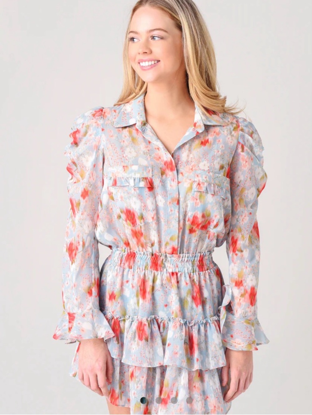 MISA Los Angeles Annika Daydream Floral Tiered Ruffle Puff Sleeve Shirt Dress S